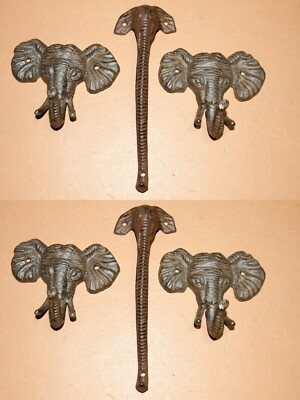 (6) Elephant Wall Hooks & Pull Handle Collection, Cast Iron, Moroccan Safari