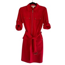 EUC Michael Kors Red Utility Belted Zip Roll Tab Sleeve Shirtdress Size Small S