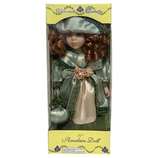 NIB Victorian Beauty Porcelain Doll 12" Curly Red Hair Purse Satin Lace w/ Stand