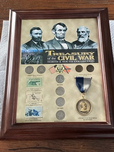 Treasury of the Civil War North & South Collection Framed Coins Stamps & Medal