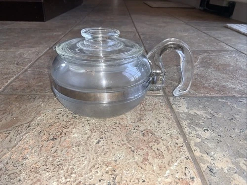 Vintage Pyrex 8446-B 6 Cup Coffee Teapot Glass & Stainless Flameware Blue Tint