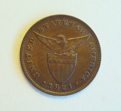 USA PHILIPPINES ONE CENTAVO 1921, XF-AU
