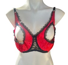 Vintage Fredericks Of Hollywood Perk-A-Boo Red  Black Lace Bra 30C USA Nylon