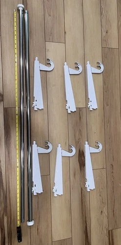 6 Rubbermaid 12.5” Shelf Brackets Double Slot & 6 Hangers w 8ft Closet Rod