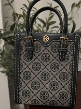 Tory Burch Logo Jacquard Mini Satchel Top Handle Navy/Gray Gold Chain Strap
