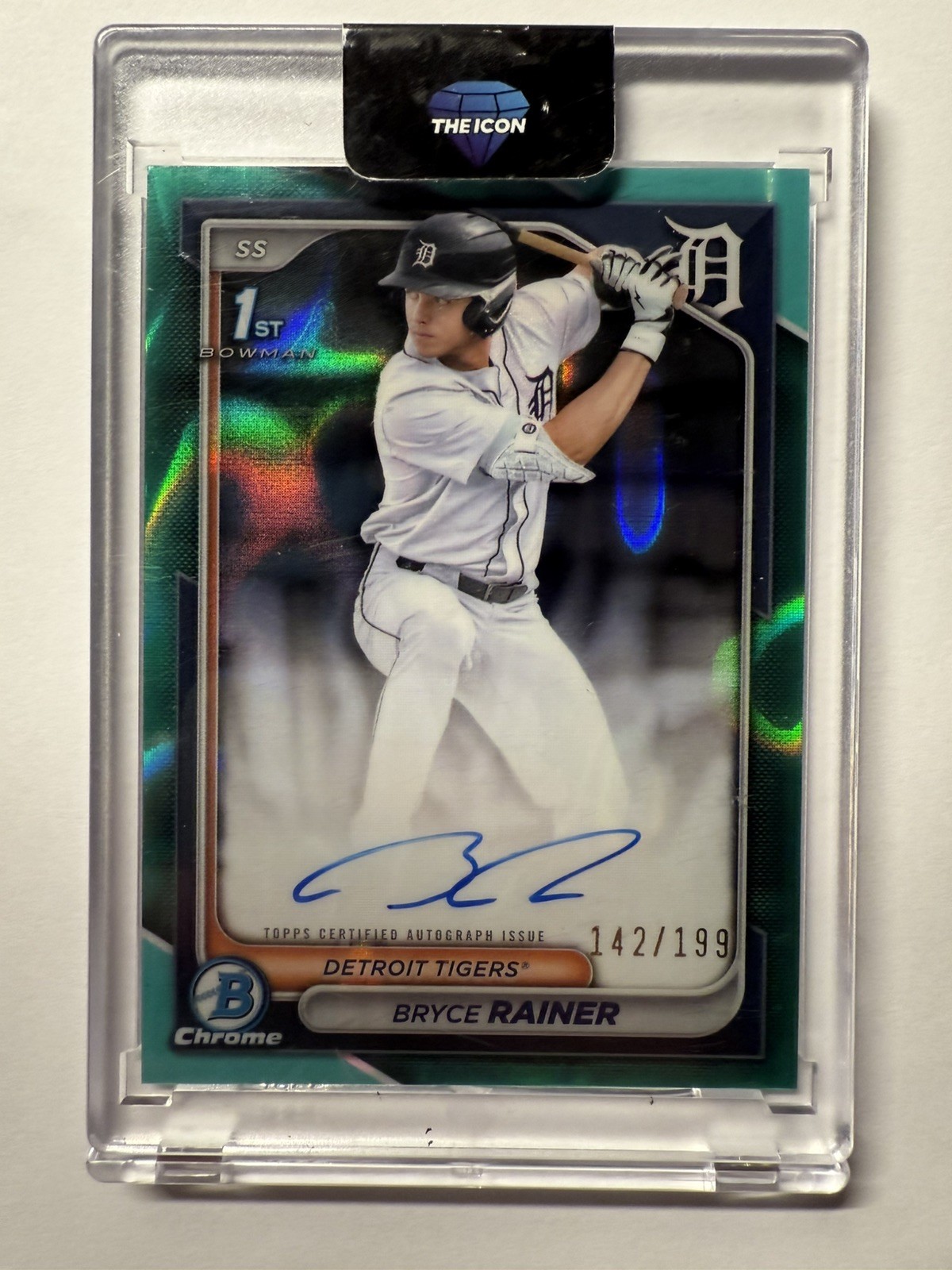 2024 Bowman Chrome Draft Bryce Rainer Auto Aqua Refractor Lava #142/199 1st RC