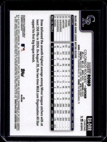 2025 Topps Chrome Drew Romo Rookie Auto RC Gold Wave Refractor #24/50 Rockies - Picture 2 of 2