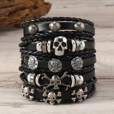 Skull Leather Bracelet Men Women Gothic Punk Biker Pirate Black Braided Wrap