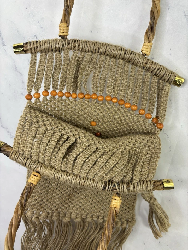 Винтажный 60-х сплетенный Дамская сумка макраме джутовая сумка с короткими ручками бисер бахрома покупатель народный крестьянин - Изображение 3 из 4
