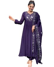 GoSriKi Women's Rayon Blend Anarkali Embroidered Kurta with Pant  Dupatta