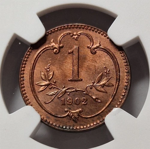 AUSTRIA HUNGARY Empire 1 Heller 1902 NGC MS 65 RD UNC Red bronze Eagle #071