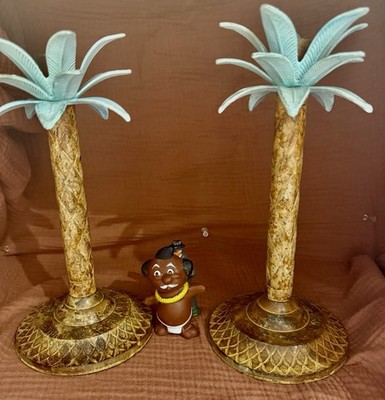Hawaiian Palm Tree Candlesticks & bonus Menehune Man Tropical