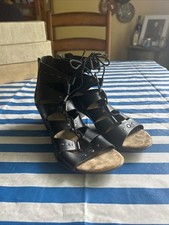 RIEKER BLACK LEATHER OPEN TOE SANDALS SHOES HEELS US WOMENS SZ 39