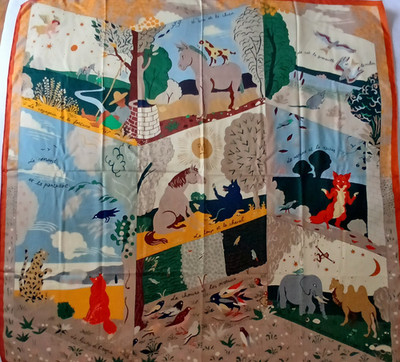 HERMES Shawl 140 Le Livre d Esope Cashmere Silk Scarf Orange Multicolor Stole