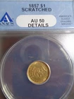 1857 $1.00 Large Head Indian Princess Type 3 US Gold Dollar Coin ANACS AU50