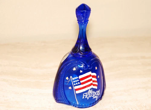 Vtg Fenton Let FREEDOM Ring Flag Stars Stripes Cobalt Blue Bell Signed Pam Fleak