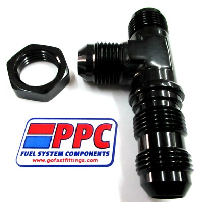 Bulkhead Run Tee Fitting 10 an Show Polished Black Aluminum With Bulkhead Nut