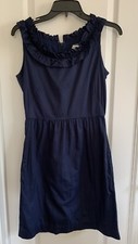 J Crew Navy Ruffle Neck Sleeveless Sheath Dress Size 0 Knee Length Cotton Pocket