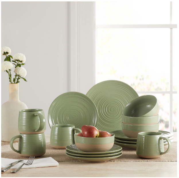Artisanal Clay Stoneware 16-Piece Dining Set, Sage Green Din