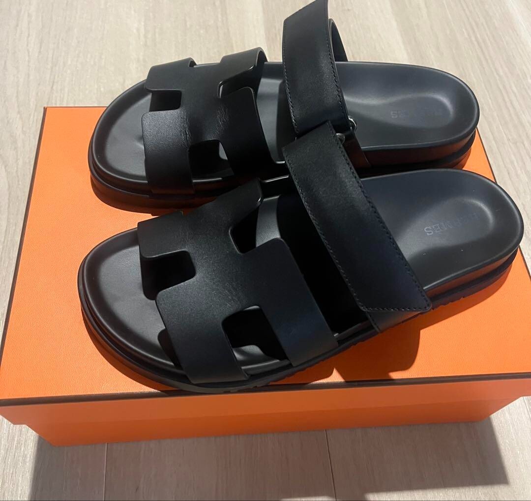 Auth HERMES Chypre Leather Sandals size 38.5 Slip-On Flats black w