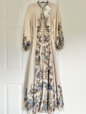 NWT Zimmermann Aliane Billow Midi Maxi Linen Long Dress Khaki Floral AU1 |  eBay