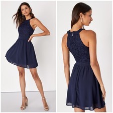 Lulus Womens Sleeveless Lover's Game Navy Blue Lace Skater Chiffon Dress Sz M