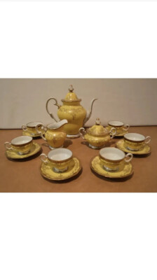 Weimar Katharina 28010 Porcelain Demitasse Yellow & Gold Coffee Tea Set-read