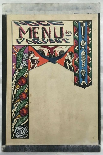 Aquarelle originale Menu restaurant Diner Mariage 25 ans Noce d'Argent ART DECO - Photo 6/8