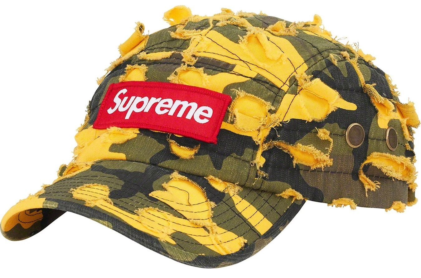 Casquette de camp SUPREME x GRIFFIN STUDIOS coupée lame détruite tranchée 22 Ylw camouflage neuf avec étiquettes