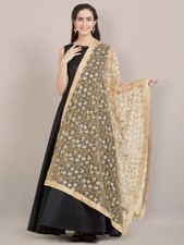 Brand New Women's Embroidered and Sequins Gold Net Duppatta