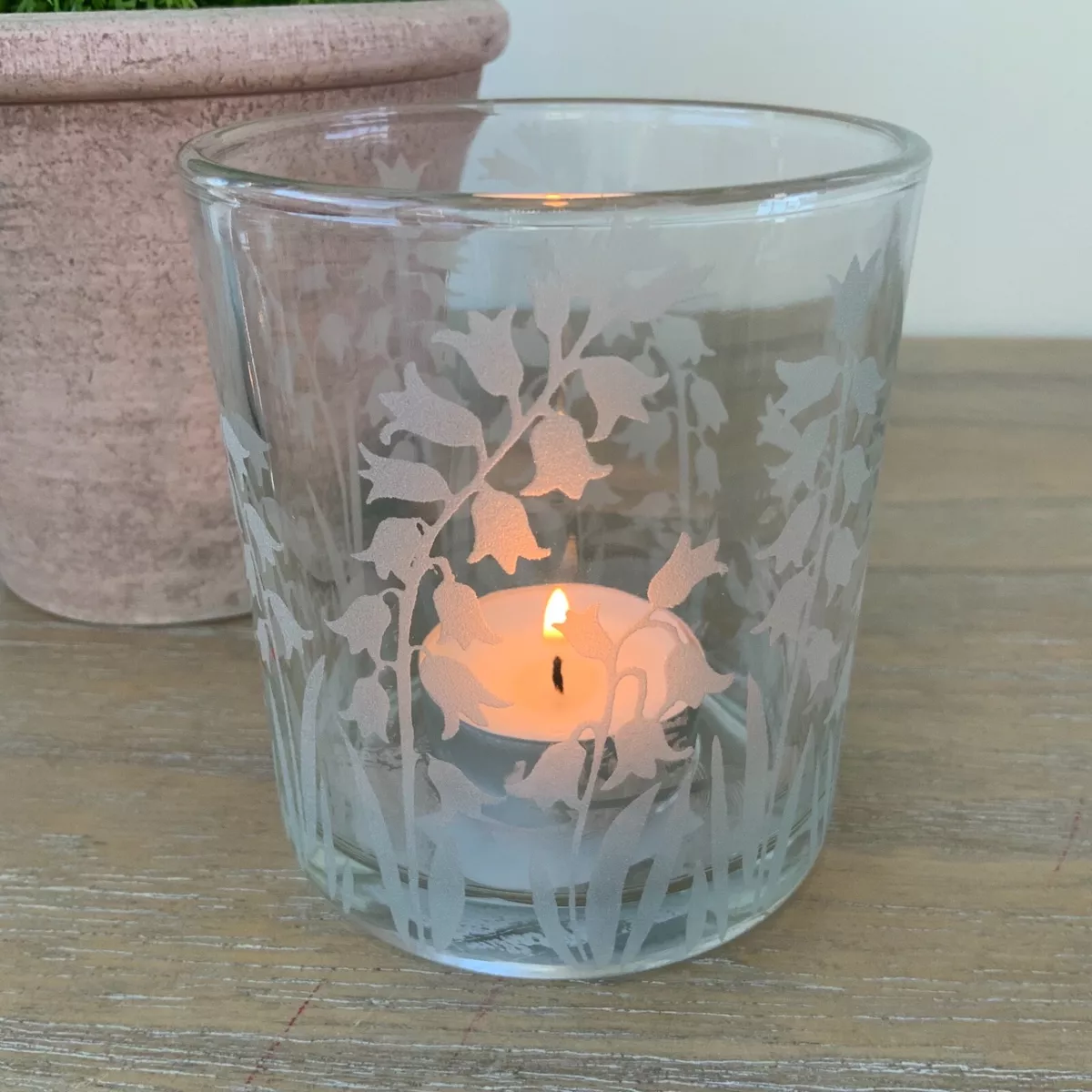 Etched Bluebell Clear Glass Tea Light Candle Holder Gisela Graham Mothers Day