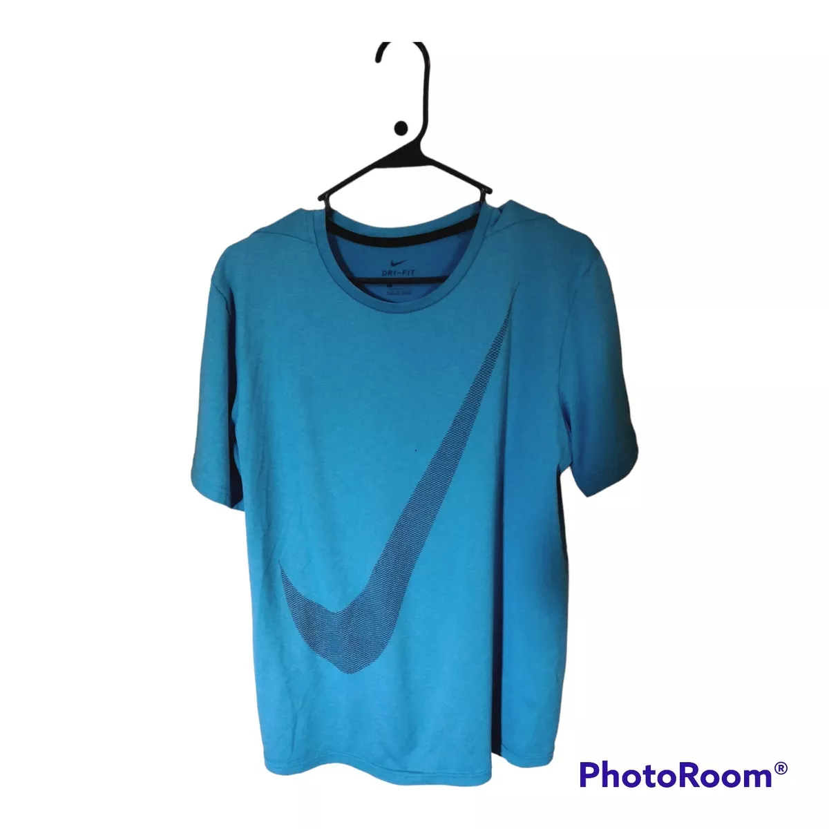 Nike Mens Size L Short Sleeve Dri Fit Athletic Casual Big Logo T Shirt Aqua Blue