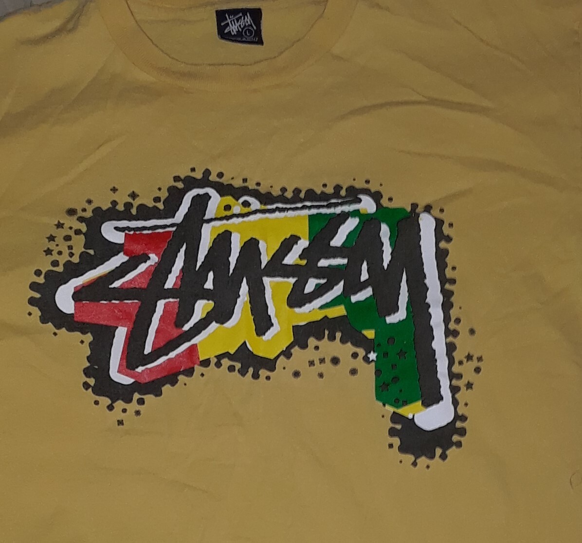 Vintage Stussy Tee Shirt Red Green Gold Yellow Rasta Colors
