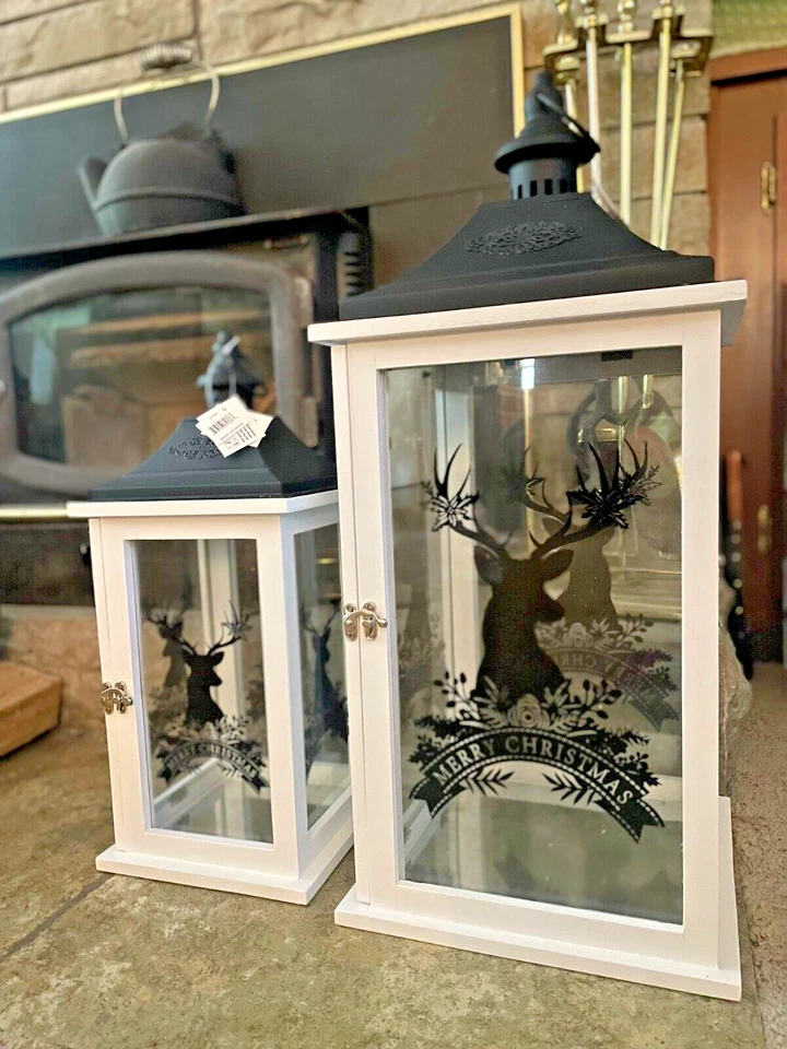 2 pc Set Merry Christmas Lantern Deer Glass White Wood Black Metal 18" H 23" H - Image 3 of 4