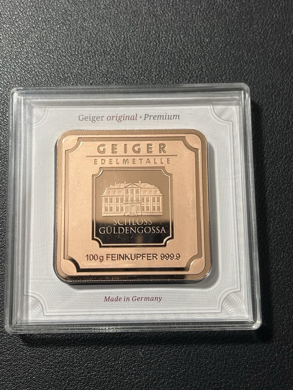 Geiger Edelmetalle 100 Gram Copper Square in Mint Assay 999.9 Feinkupfer