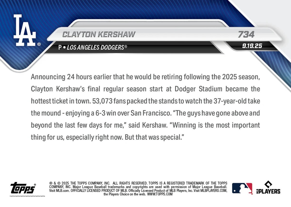Clayton Kershaw Hollywood Ending - 2025 MLB Topps NOW - Card 734