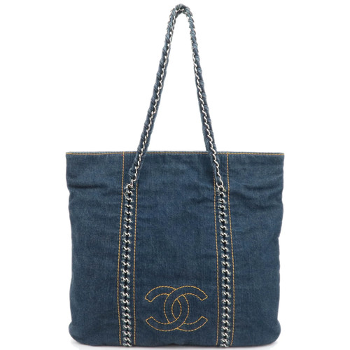 CHANEL Coco Mark Denim Chain Tote Bag Blue Silver HDW Authentic