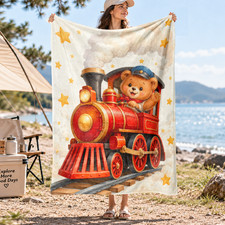 Teddy Bear Train Coral Fleece Blanket Cute Nursery Decor