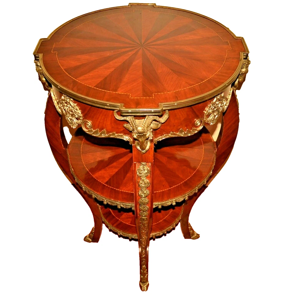 Antiga mesa de destaque original vintage bronze dourado incrustada mogno camada tripla - Imagem 2 de 4