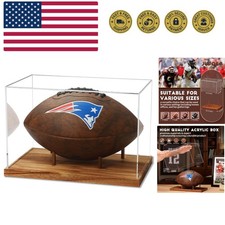 Football Display Case Full Size, Acrylic Clear Box with Wood Stand, UV Protec...