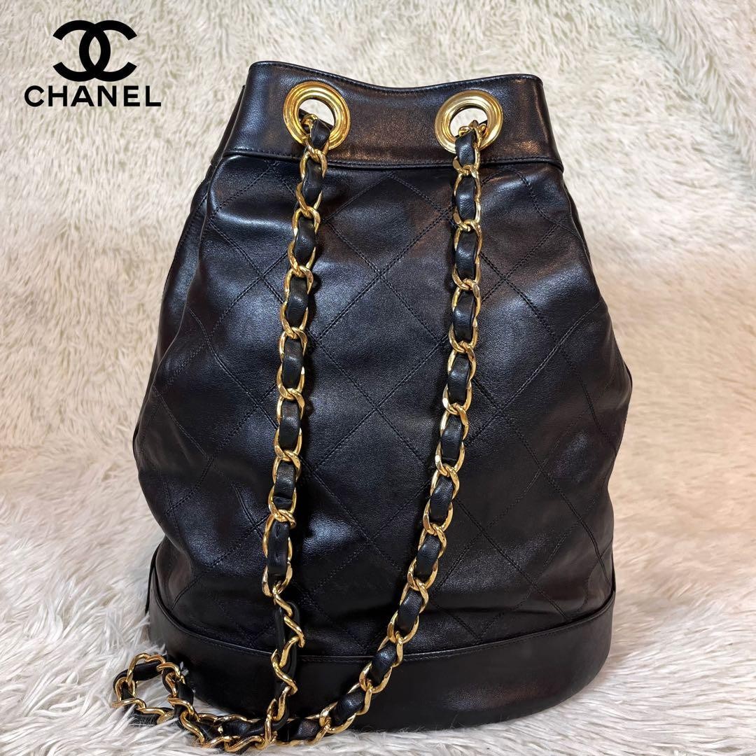 Chanel Black Leather Bicolor Drawstring Chain Shoulder Bag 13x11x8.7 Used