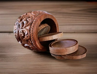 Vintage Coaster Set Solid Wood Hand Carved Set Of 8 MCM See Photos 