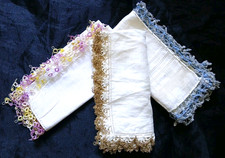 Vtg 3 Lot Ladies White Hankies Metallic Lace Trim Crochet Irish Handmade Dainty