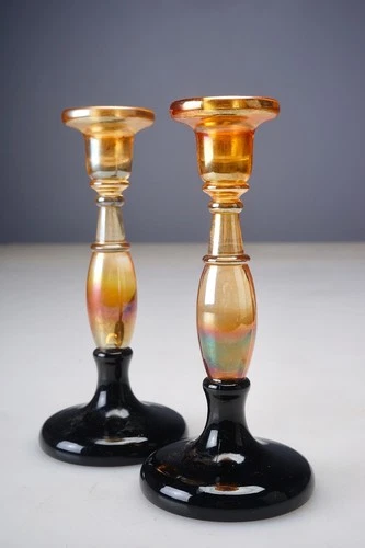 Rare 1924 FENTON 549 Stretch Candlesticks Grecian Gold Black Base 8"