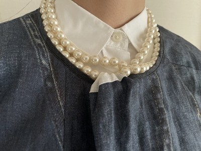 Junya Watanabe Comme des Garçons Faux Denim Transfer Print Top mit Perlenakze...