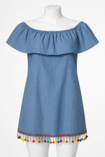 Boho Chambray Off-Shoulder Ruffle Dress Pom Trim Y2K Festival Coastal Large