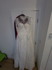 White Lace Long Sleeve Illusion Neckline A-Line Wedding Dress with Beading