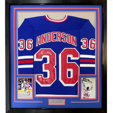 Framed Autographed/Signed Glenn Anderson 94 SC 33x42 NY Blue Jersey JSA COA