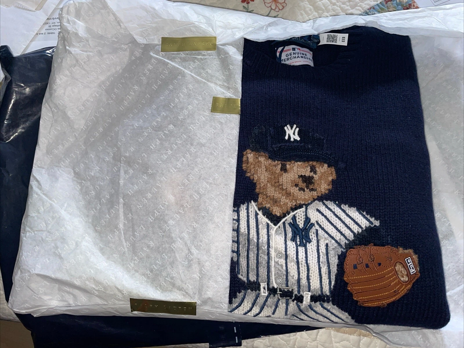 Men's Polo Ralph Lauren Navy Wool Leather New York Yankees Bear Sweater Woodbury