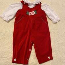 Vintage Baby Girl 2 Piece Red Crush Velvet Overalls/Jumper Set Embroidered 3-6M